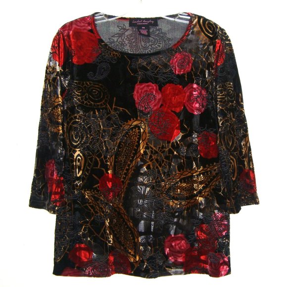 Isabel Hayley Velvet Burnout Floral Paisley 3/4 Sleeve Stretch Knit Top Size PM - Picture 1 of 6
